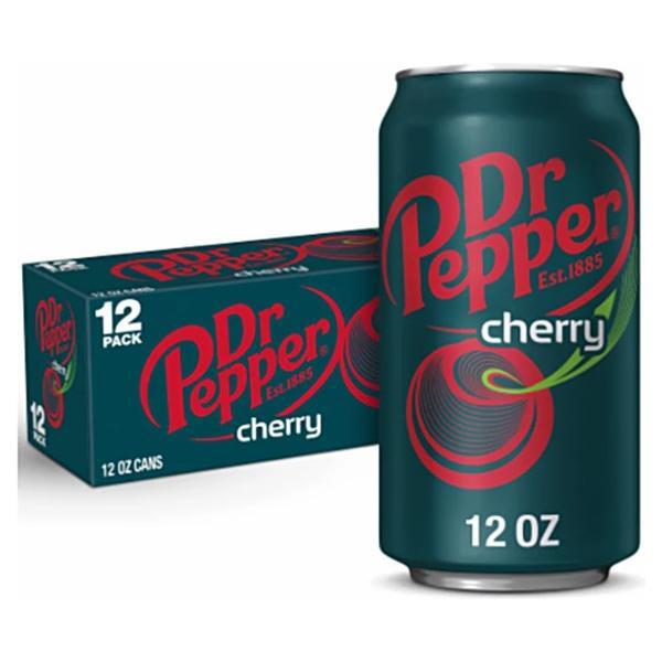 A 355mL can of Twice as Sweet Dr Pepper Cherry (USA) is displayed before a 12-pack box, both featuring the Dr Pepper Cherry logo and graphics on a dark teal background.