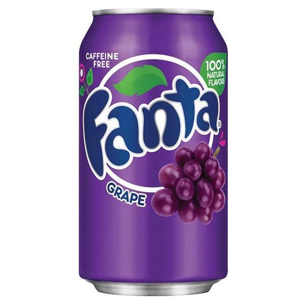 A 355mL can of Twice as Sweet Fanta Grape from the USA, featuring the Fanta logo, green leaf, grape cluster, and labeled caffeine free with 100% natural flavors.