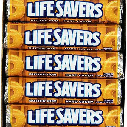 Five rolls of Twice as Sweet Life Savers Butter Rum Hard Candy 32g (USA) are stacked together in yellow and blue packaging, highlighting this classic American treat.