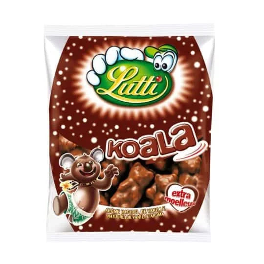 A 185g bag of Twice as Sweet Lutti Milk Chocolate and Marshmallow Koala from France, featuring playful packaging with a cartoon koala and the Lutti logo—a delightful treat for fans of soft, chocolatey marshmallow candies.