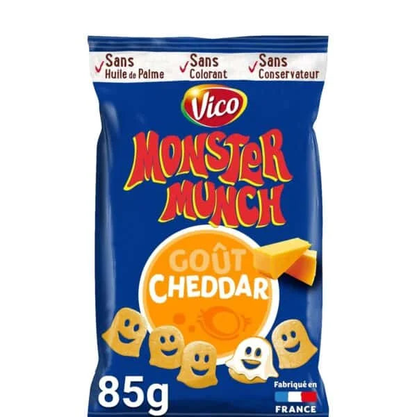 Twice as Sweet Monster Munch Cheddar 85g (France): fun, smiling snack shapes with cheddar cheese, free from palm oil, coloring, and preservatives. A tasty French treat for cheese lovers.