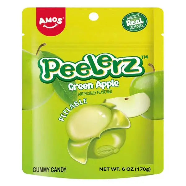 A bright green package of Twice as Sweet Peelerz Gummy Green Apple 170g (China) shows green apples, a gummy candy illustration, and highlights "Made with Real Fruit Juice" and "Peelable." Net weight: 6 oz (170g).