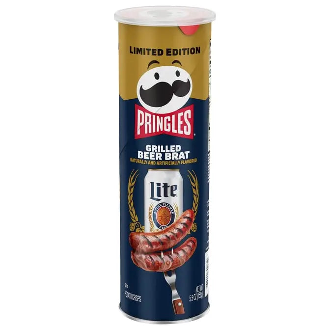 A 158g can of Twice as Sweet Pringles Grilled Beer Brat (USA) chips features beer brat-inspired flavor with grilled sausage imagery and a Lite beer logo on the packaging.