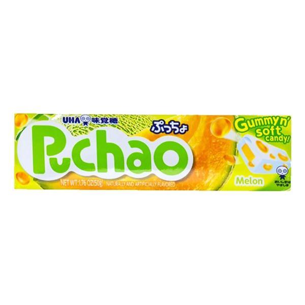 Twice as Sweet Puchao Melon 50g (Japan) chewy candy comes in green and yellow packaging with melon slice graphics and English/Japanese text, offering a delicious Japanese melon flavor.