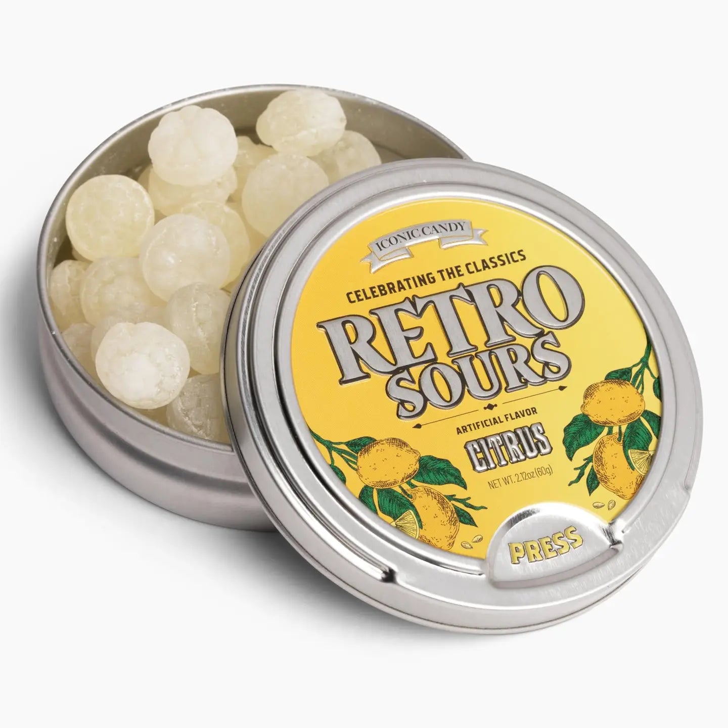 An open Twice as Sweet Retro Sours Citrus 60g (USA) tin with a yellow lemon-themed lid reveals white round sour candies inside. This classic American treat comes in a metallic tin with a press-top lid.