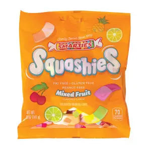Twice as Sweet Smarties Squashies Mixed Fruit 141g (UK) features cherry, pineapple, and lime gummies in an orange bag, with colorful candies displayed at the bottom of the package.