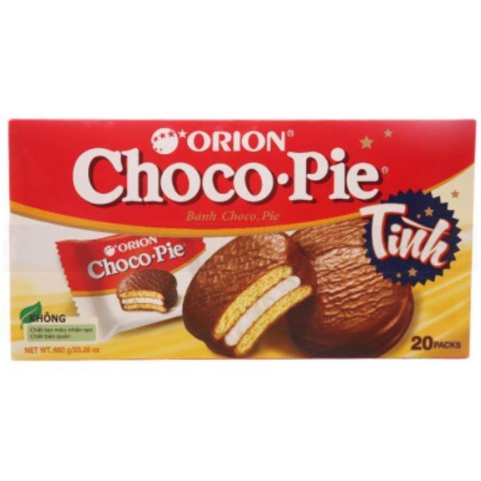 A box of Twice as Sweet Orion Choco Pie Original (Vietnam) features two marshmallow chocolate pies and a partially opened package on its red, white, and yellow design, indicating it contains 20 packs.