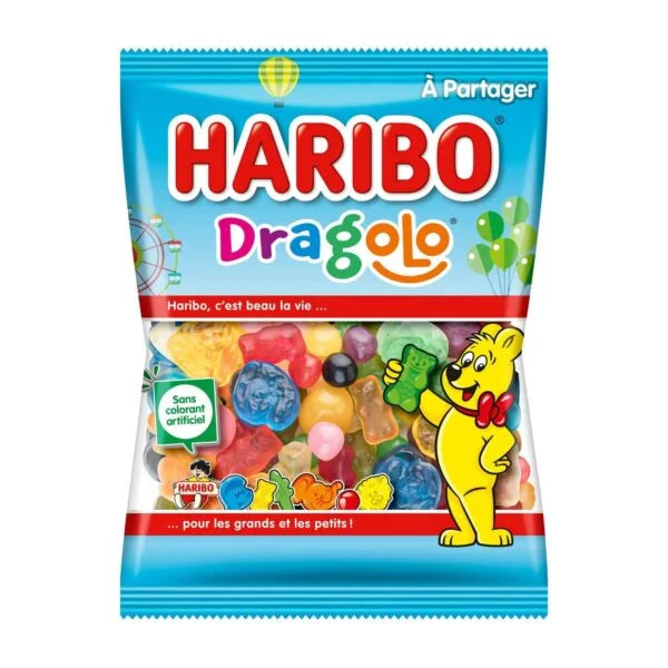 The Twice as Sweet Haribo Dragolo 300g (France) bag displays a playful bear mascot on blue, transparent packaging with French text and assorted fruity gummies visible inside.