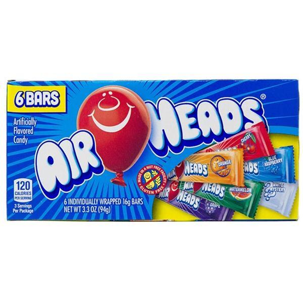 The Twice as Sweet AirHeads Theatre Box Assorted Flavours 6 Bars 93g (USA) features a blue box with bold AirHeads lettering and images of colourful bars, containing six assorted American candy bars.