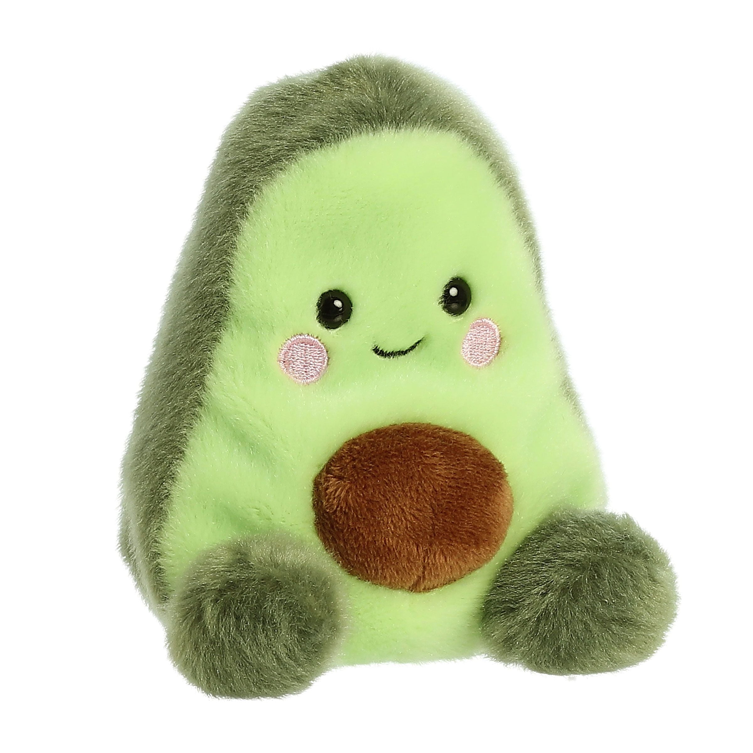 The Twice as Sweet Palm Pal Airy Avacado is a cute foodie plush shaped like an avocado half, with a fuzzy green body, brown pit, round cheeks, black button eyes, and a sweet smiling mouth.