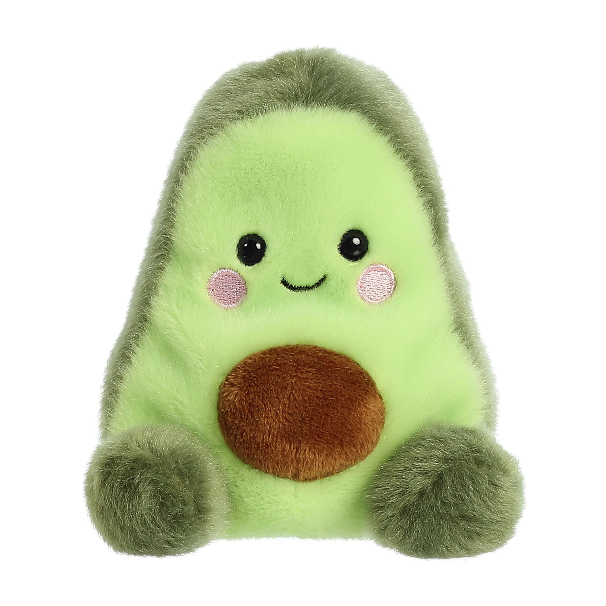 Meet the Twice as Sweet Palm Pal Airy Avocado, a collectible plush with a light green body, brown pit, fluffy dark green sides, smiling face, and pink cheeks—ideal for any foodie plush collection!.