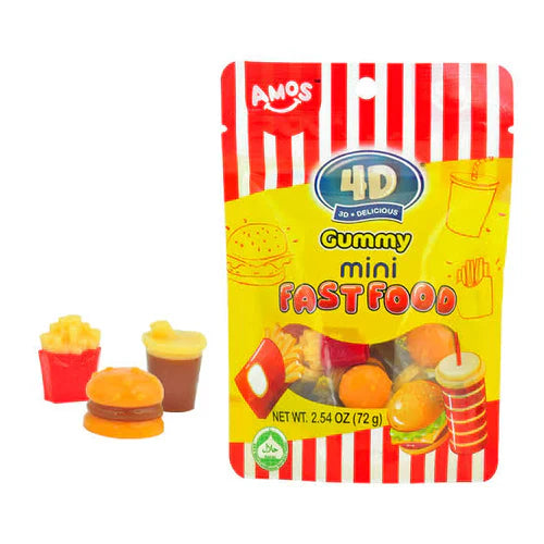 A bag of Amos 4D Gummy Fast Food 198g by Twice as Sweet (China), featuring colorful fruity gummies shaped like burgers, fries, and drinks, with some gummies shown in front of the red-striped package.