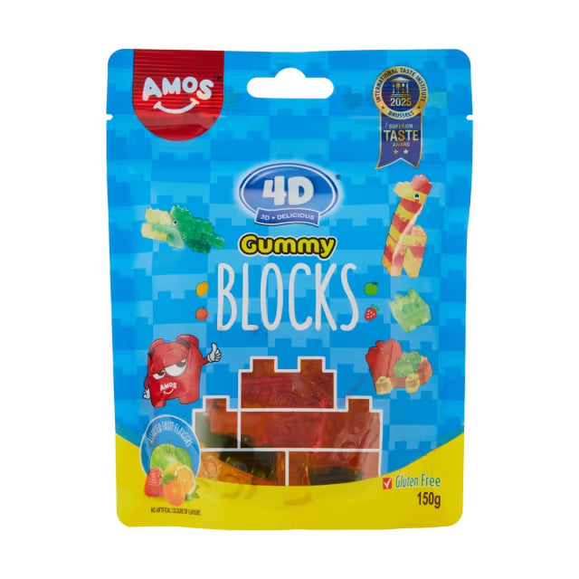A blue resealable bag of Twice as Sweet Amos 4D Fruit Gummy Blocks 150g (China) displays colorful building block-shaped gummies, with images of the candies on the packaging and labels indicating Gluten Free and 150g in the lower right corner.
