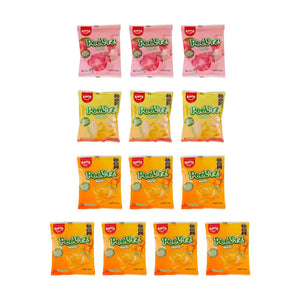 Twelve packs of Twice as Sweet Amos Peelerz Gummy Assorted Fruit 350g (China) feature peelable gummies in Peach, banana, and mango flavors—fun, colorful treats arranged by fruit color.