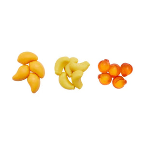 Three groups of Twice as Sweet Amos Peelerz Gummy Assorted Fruit 350g (China) on a white background: four mango gummy, five banana gummy, and five peach gummy. These fun peelable gummies are delicious treats.