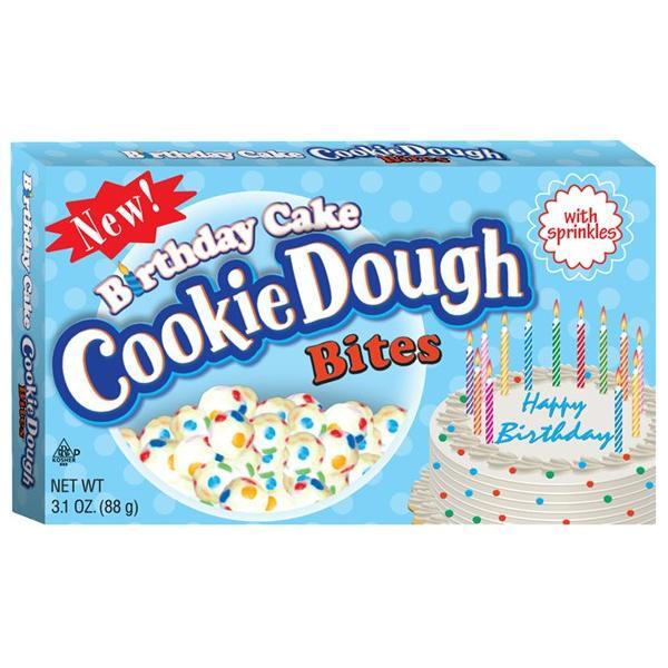 A blue box of Twice as Sweet Birthday Cake Cookie Dough Bites 88g (USA), a vanilla cake-flavored American treat with colorful sprinkles, features a cake with candles and “New!” and “with sprinkles” text on the packaging.