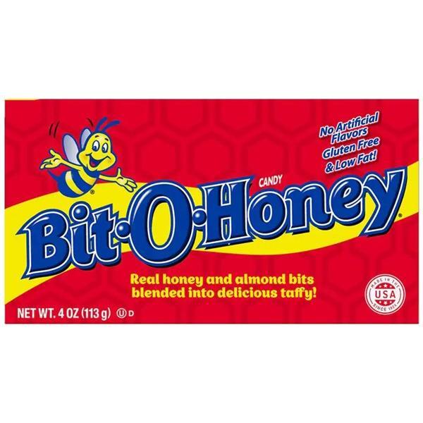 The Twice as Sweet Bit-O-Honey Theatre Box 113g (USA) features classic red and yellow packaging with a cartoon bee, real honey, almond bits, and no artificial flavors—perfect for retro candy fans.
