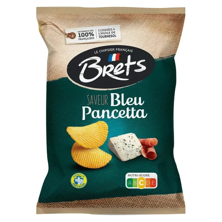 A 125g bag of Twice as Sweet Brets Blue Cheese and Pancetta Chips from France, in dark green packaging with French text, featuring images of blue cheese, pancetta slices, and chips on the front.