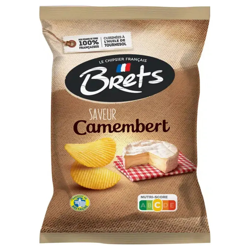 Twice as Sweet Brets Camembert Chips 125g (France) are ridged gourmet chips with French labeling and a Nutri-Score, featuring the flavor of creamy Camembert—an irresistible French cheese snack.