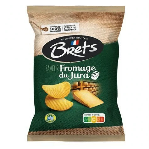 Brets Jura Cheese Chips 125g by Twice as Sweet are gourmet French ridged chips with Jura cheese flavor. The green pack displays a cheese wedge, French text, and a Nutri-Score on the bottom.