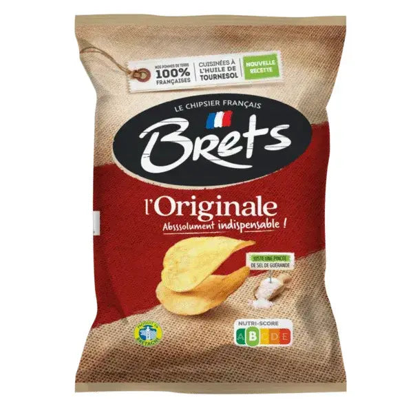 A 125g bag of Brets Original Chips with Guérande Salt by Twice as Sweet (France), featuring a red and beige design, chip images, French text, and nutritional info on the front.