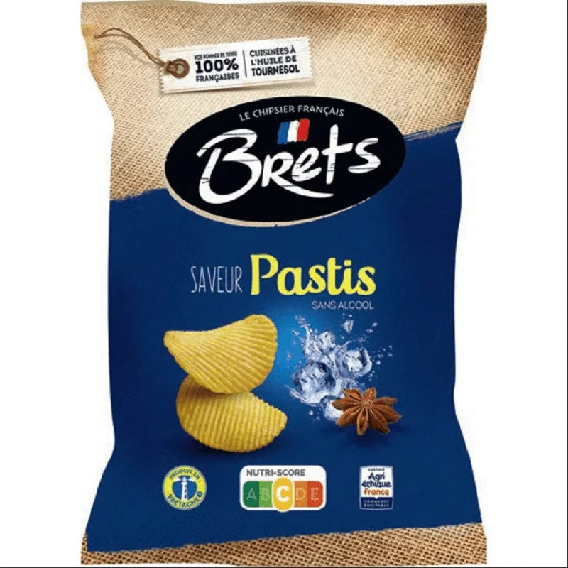 Brets Pastis Chips 125g by Twice as Sweet is a unique French snack with a blue-tan pack marked Saveur Pastis sans alcool, showing wavy chips, anise stars, French certification, and a Nutri-Score on the front.