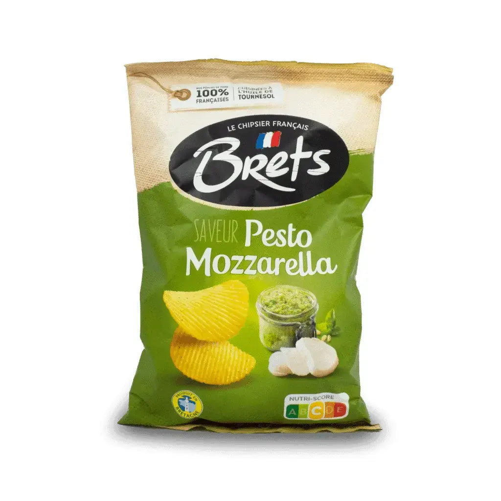 A 125g bag of Twice as Sweet Brets Pesto and Mozzarella Chips (France) features chips, mozzarella, and pesto images on a green background with French text and a Nutri-Score label at the bottom.