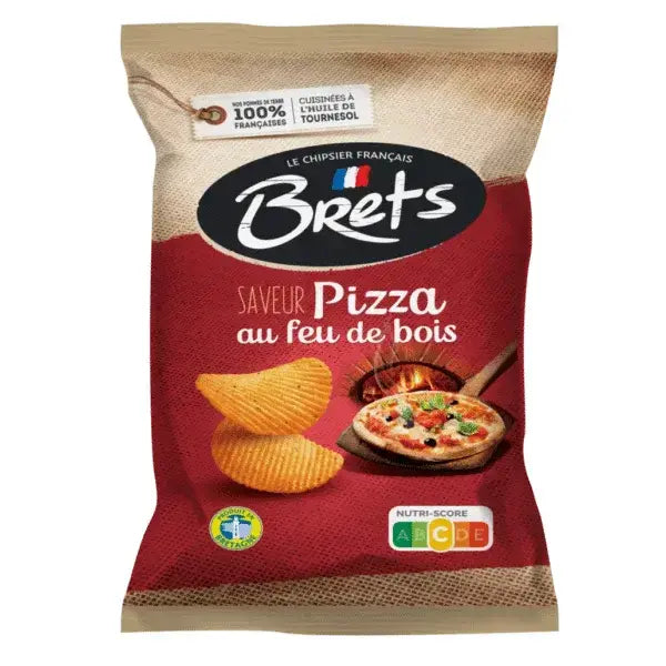 Brets Wood Fire Pizza Chips 125g by Twice as Sweet are cheesy, crinkle-cut French snacks in red and beige packaging with a pizza image, labeled Made in France and featuring nutrition info.