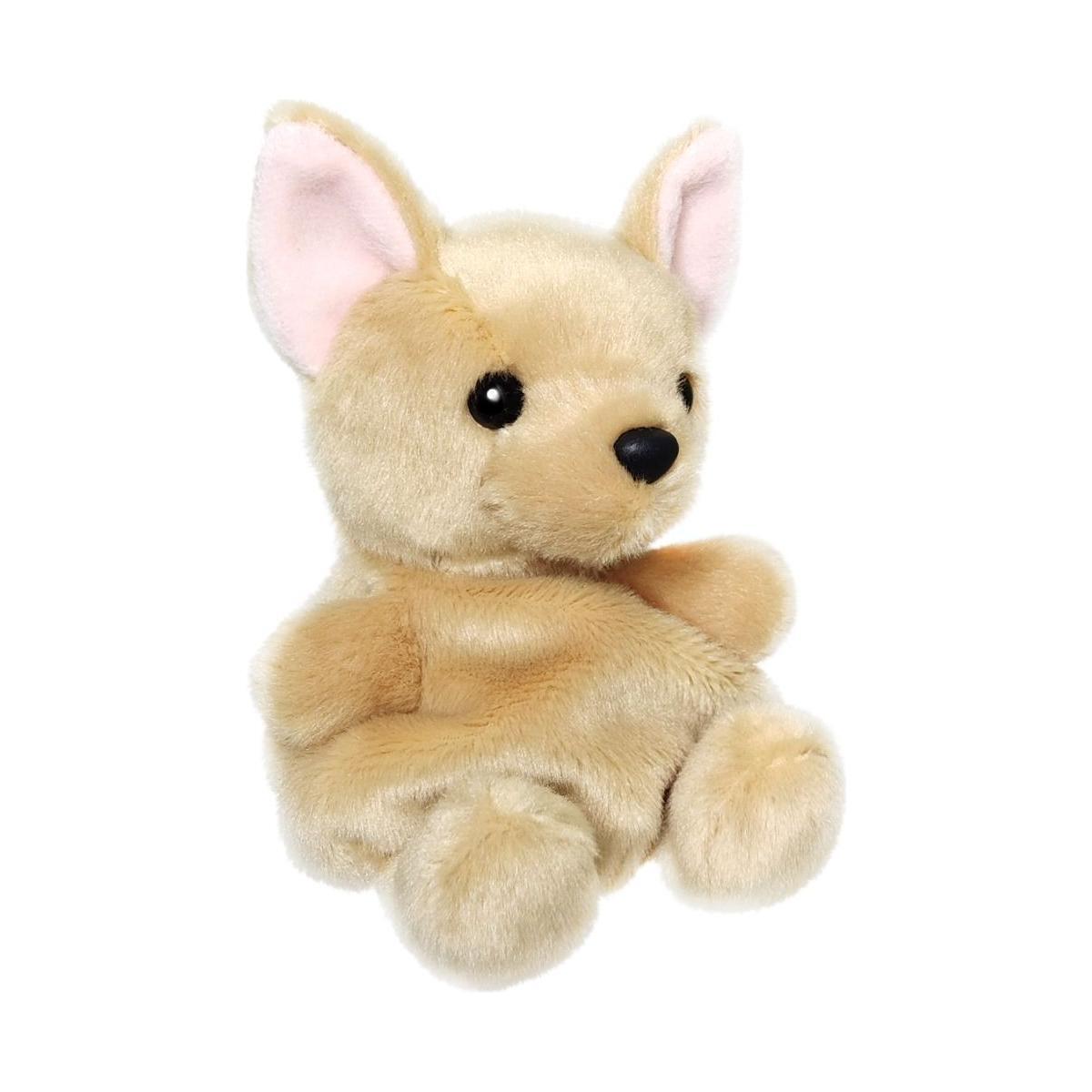 The Twice as Sweet Palm Pal Cookie Chihuahua is a light brown plush dog with big upright ears, black button eyes, and a black nose, sitting upright on a white background.