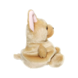 A side view of the Palm Pal Cookie Chihuahua by Twice as Sweet shows a light brown plush dog with a short tail, large pink-lined ears, and round black eyes sitting upright against a white background.