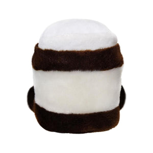 The Twice as Sweet Palm Pal Silky Chocolate Spread is a plush toy shaped like a sushi roll, featuring fluffy white and dark brown stripes that look like rice and seaweed, adding chocolatey charm against a plain white background.