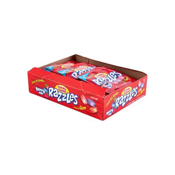 A red box of Twice as Sweet Concord Razzles Berry 39g (USA) includes several packs showing colorful chewy gum and the phrase “First it’s candy… then it’s gum!” in bold yellow and white text.