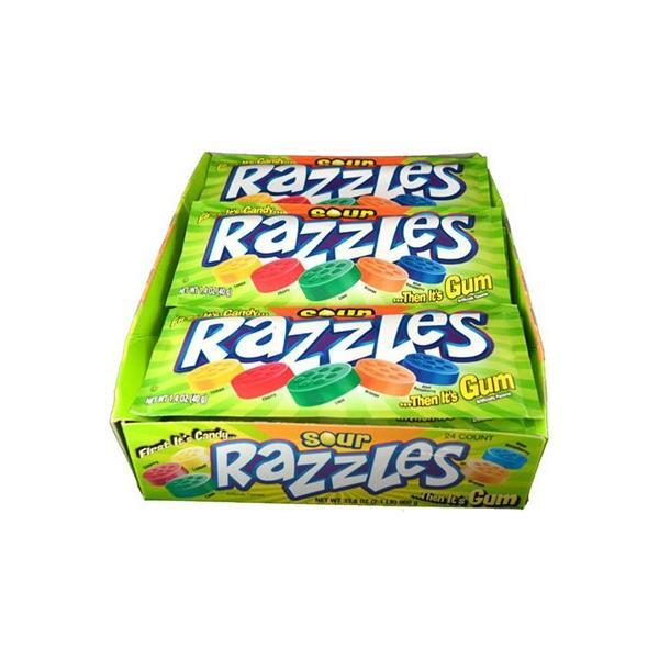 A 39g box of Twice as Sweet Concord Razzles Sour candy (USA) features colorful packaging with the logo, multicolored treats, and the label: “Sour Razzles – First it’s candy... then it’s chewy gum!”.
