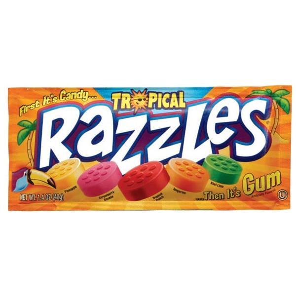 A vibrant 39g pack of Twice as Sweet Concord Razzles Tropical (USA) features colorful tropical candies that turn into gum, with First its Candy... Then its Gum! and images of palm trees and a toucan on the wrapper.