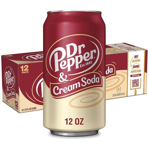 A 355mL can of Twice as Sweet Dr Pepper & Cream Soda (USA) is placed before a matching 12-pack, both featuring the red and cream soda design, swirling patterns, and iconic branding reflecting this favorite American flavor blend.