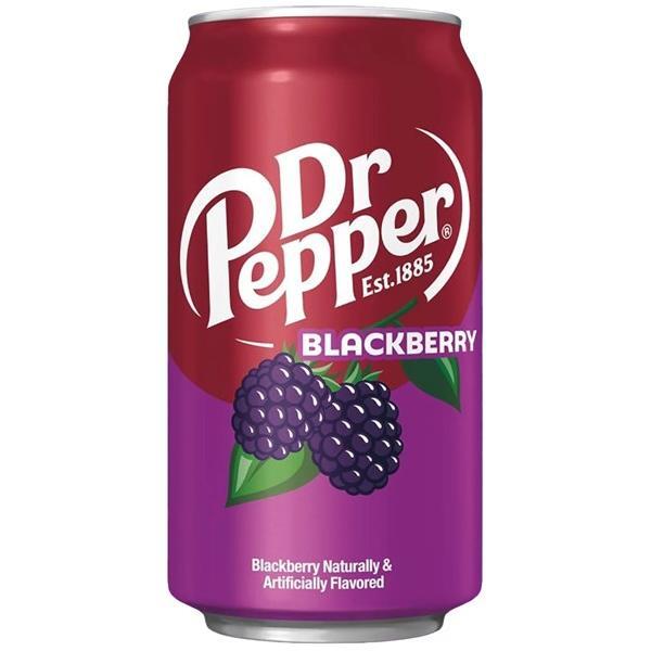 Dr Pepper Blackberry 355mL (USA) by Twice as Sweet is a limited-edition soda can with Dr Pepper branding, blackberry images, and a purple-red design. The can says Blackberry Naturally & Artificially Flavored. Available in the USA.