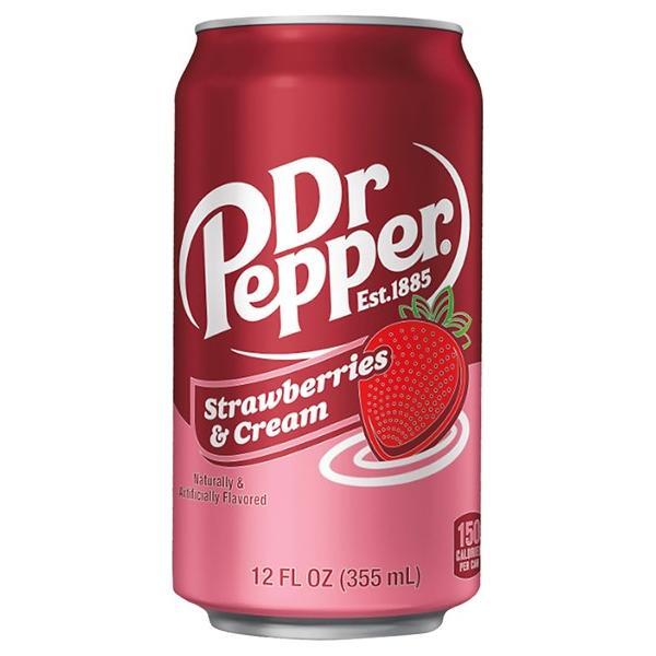 A 355mL can of Dr Pepper Strawberries & Cream (USA) by Twice as Sweet features a red and pink design with a strawberry illustration and white text.