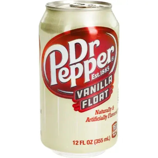 A 355mL can of Twice as Sweet Dr Pepper Vanilla Float (USA) captures the nostalgic flavor of classic vanilla ice cream soda, with a cream background, red and white logo, and Vanilla Float on a brown banner.