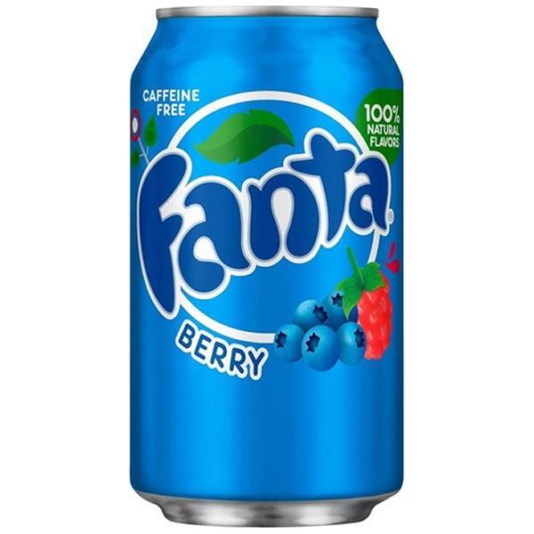 A blue can of Fanta Berry 355mL (USA) from Twice as Sweet shows berries on the label, is caffeine free, has 100% natural flavors, and features the bold Fanta Berry logo—highlighting this popular American berry soda.