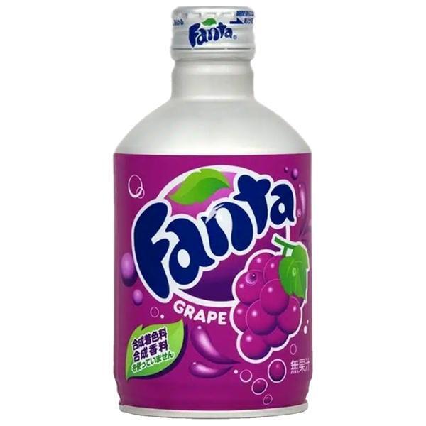 Enjoy the Twice as Sweet Fanta Grape Aluminium Bottle 300mL (Japan), featuring a vibrant purple label with grapes, the Fanta logo, green leaf, Japanese text, white cap, and sleek silver aluminium shoulders. Authentic Japanese refreshment!.