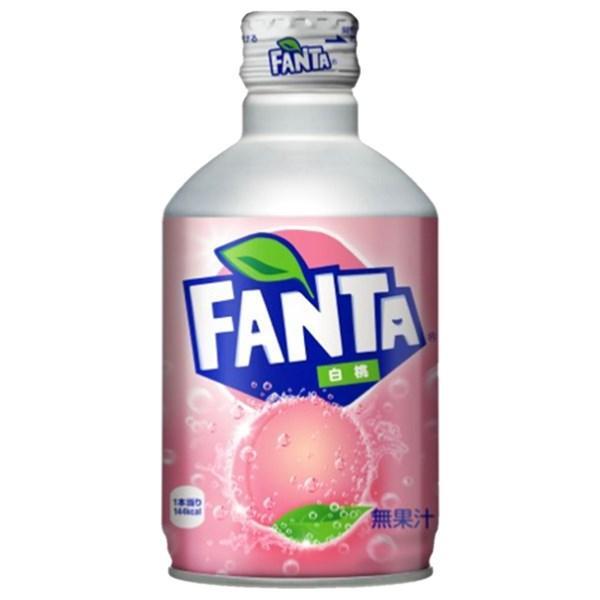 Twice as Sweet Fanta White Peach Aluminium Bottle 300mL (Japan) features a light pink label with a peach graphic, green leaves, and Fanta branding on a white cap, indicating a refreshing peach-flavored soda.