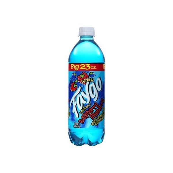 A 680mL bottle of Twice as Sweet Faygo Raspberry Blueberry soda (USA), featuring a colorful label with the Faygo logo and fruit illustrations on a blue background, and topped with a blue cap.