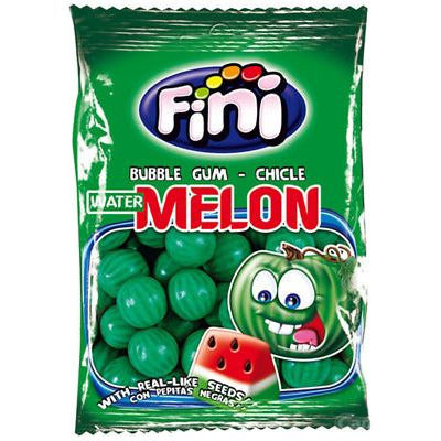 Twice as Sweet Fini Watermelon Bubble Gum 60g (Spain) comes in a green bag with a cartoon watermelon, slice, and round green gum pieces with seed-like centers. The packaging reads “With real-like seeds.”.