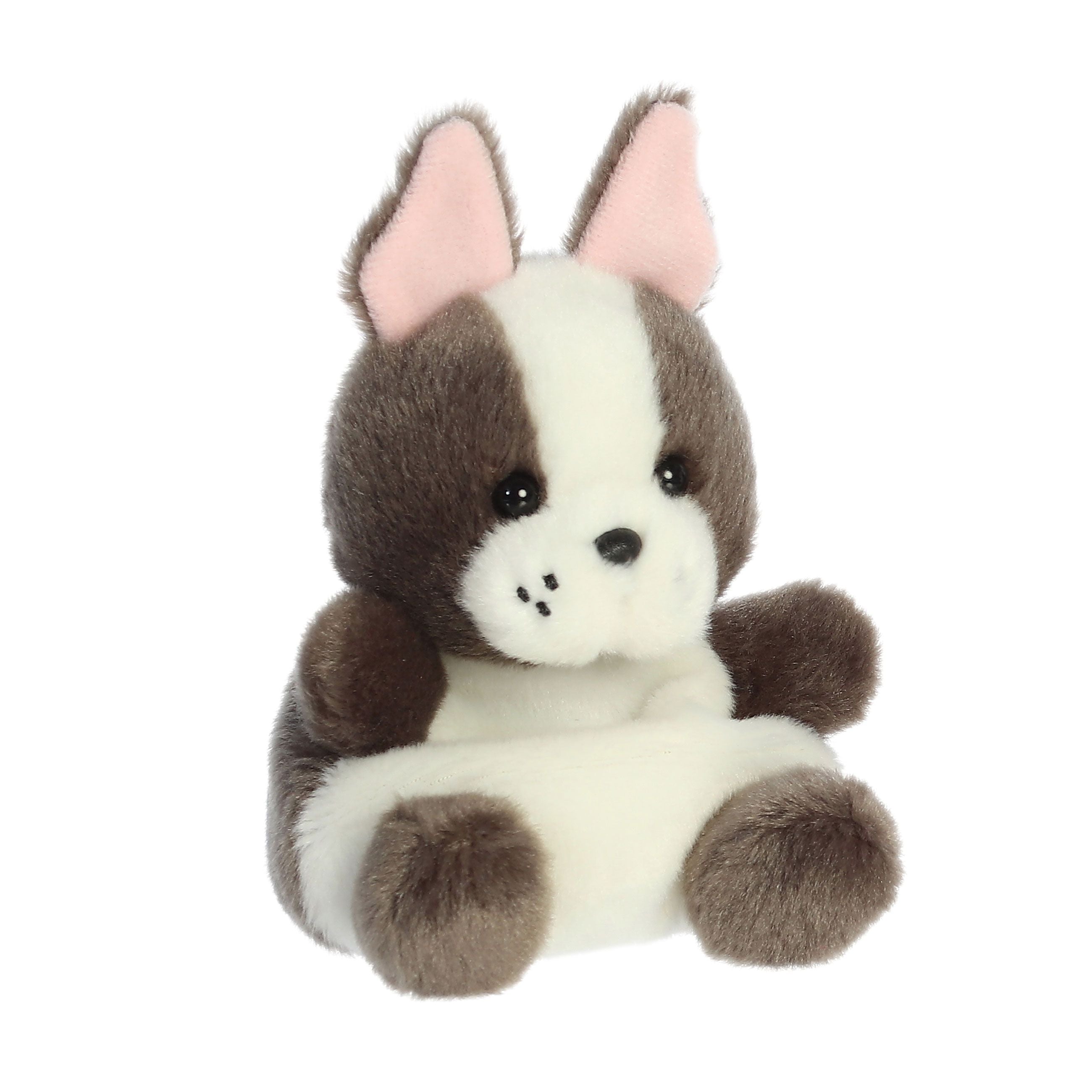 The Twice as Sweet Palm Pal Beau French Bulldog is a palm-sized, brown and white plush toy dog with pink inner ears, black eyes, a small black nose, and a cute round face sitting upright on a white background.