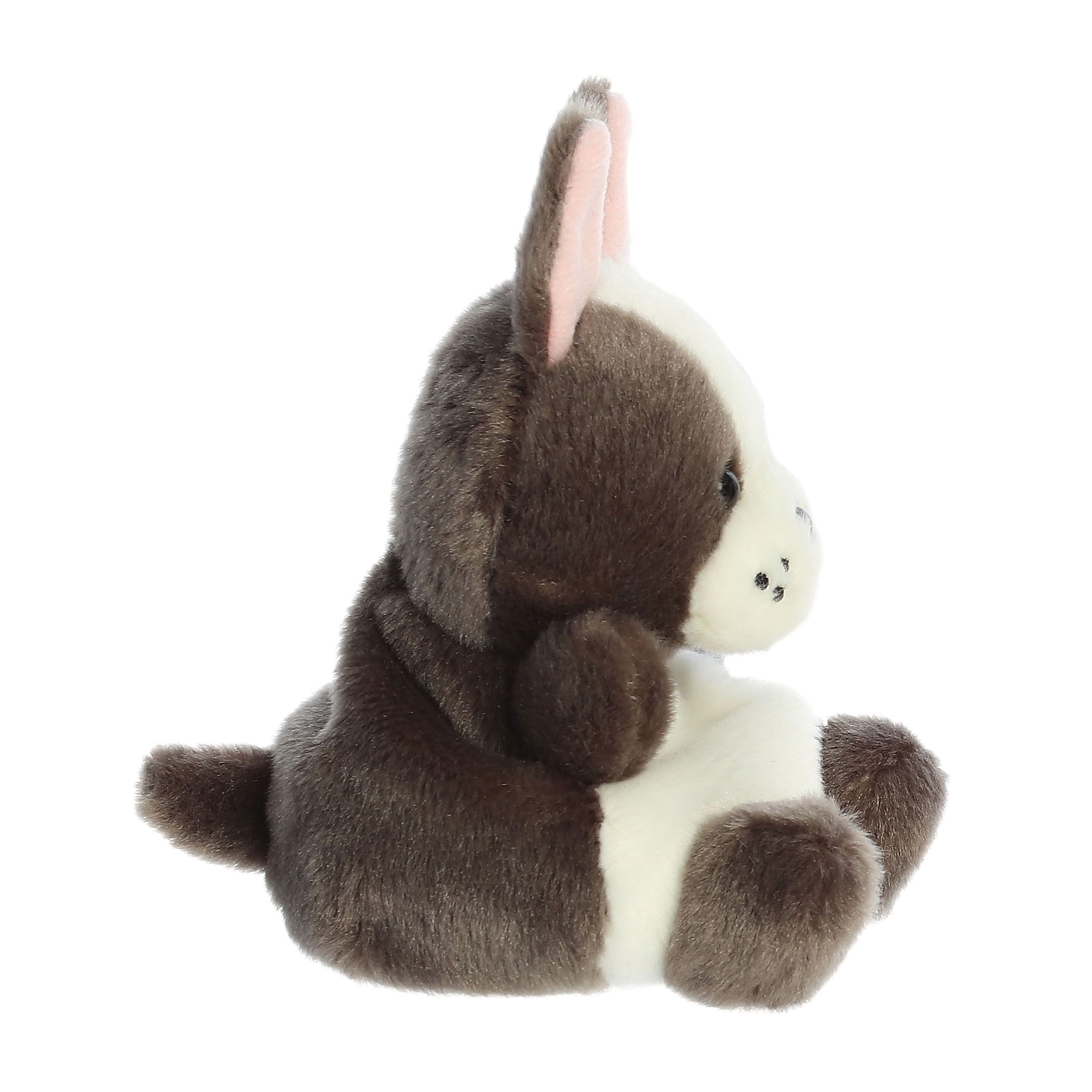 The Twice as Sweet Palm Pal Beau French Bulldog is a high-quality, palm-sized plush toy with soft fur and adorable details, shown sitting upright in profile and facing right—perfect for cuddling or gifting.