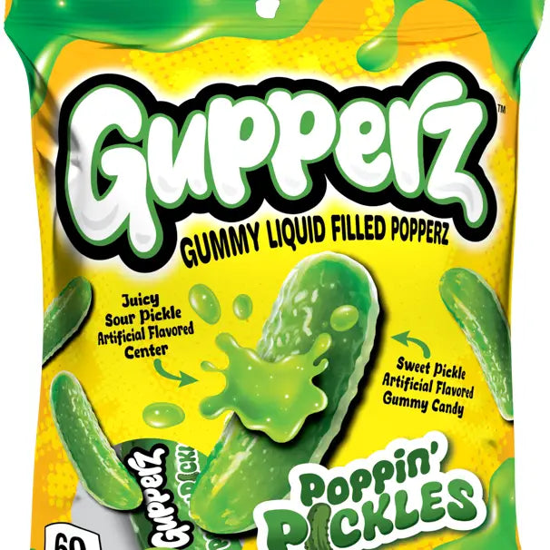 A bright 72g bag of Twice as Sweet Gupperz Gummy Liquid Filled Popperz Pickles from China, featuring playful pickle gummy illustrations, lively yellow and green accents, and fun text on the packaging.
