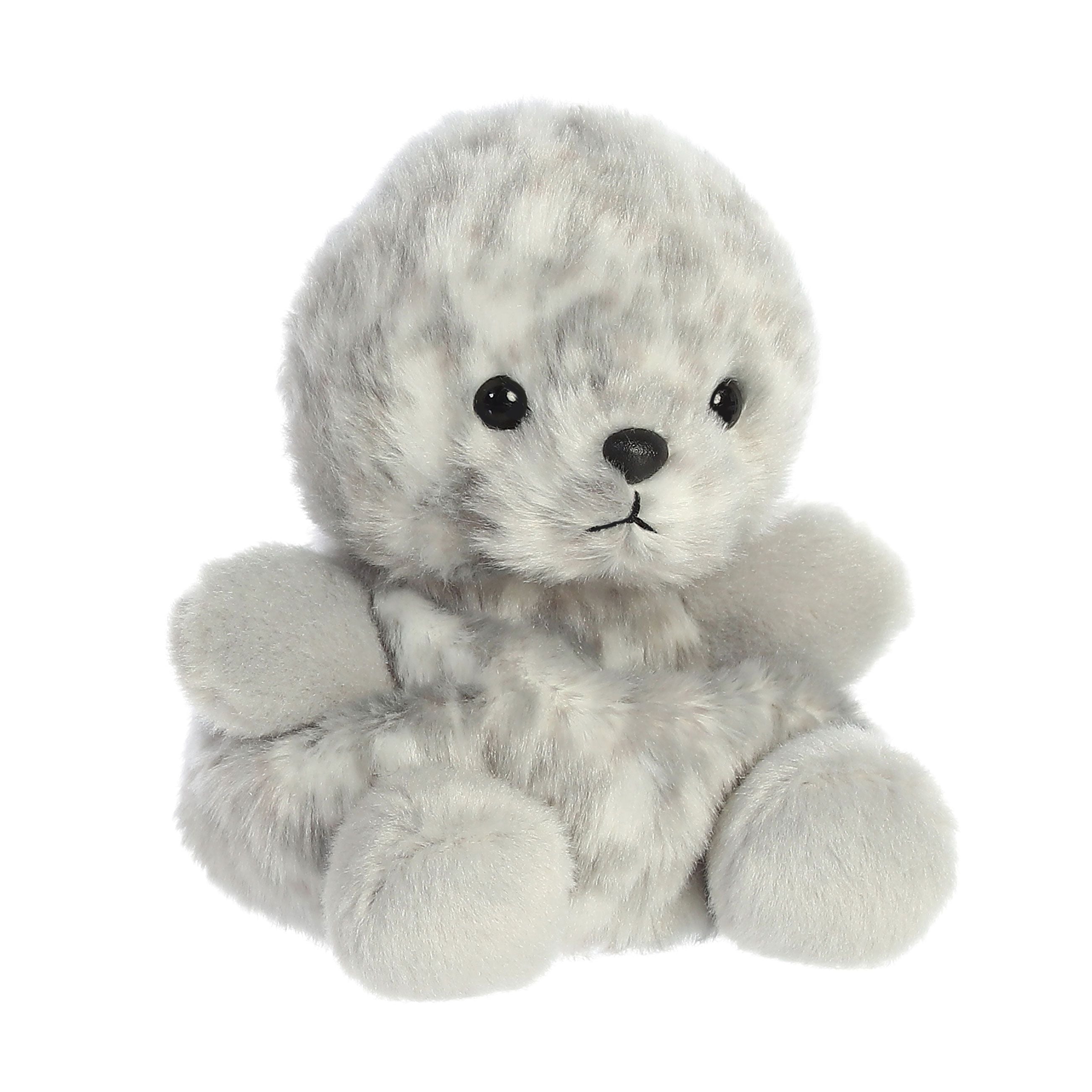 The Twice as Sweet Palm Pal Marina Harbour Seal is a palm-sized plush toy with soft, fluffy light gray fur, small black eyes, a stitched nose, and round flippers—an adorable stuffed animal for all ages.