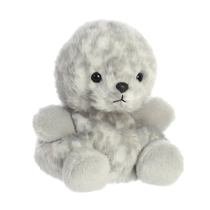 The Twice as Sweet Palm Pal Marina Harbour Seal is a palm-sized plush toy with soft, fluffy light gray fur, small black eyes, a stitched nose, and round flippers—an adorable stuffed animal for all ages.