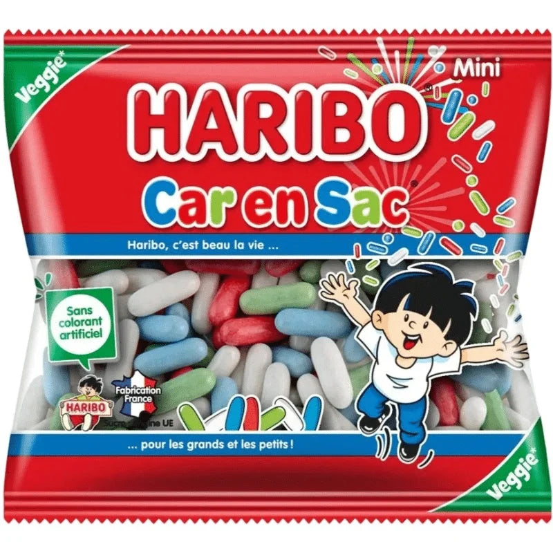 A 125g bag of Twice as Sweet Haribo Car en Sac mini liquorice candies from France, with red, green, white, and blue pieces and playful child graphics. Packaging highlights Veggie and Sans colorant artificiel for a classic French treat.
