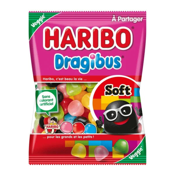 A colorful bag of Twice as Sweet Haribo Dragibus (France) fruity chewy candies with assorted bright pieces, featuring a smiling black candy character in sunglasses and French text on the packaging.
